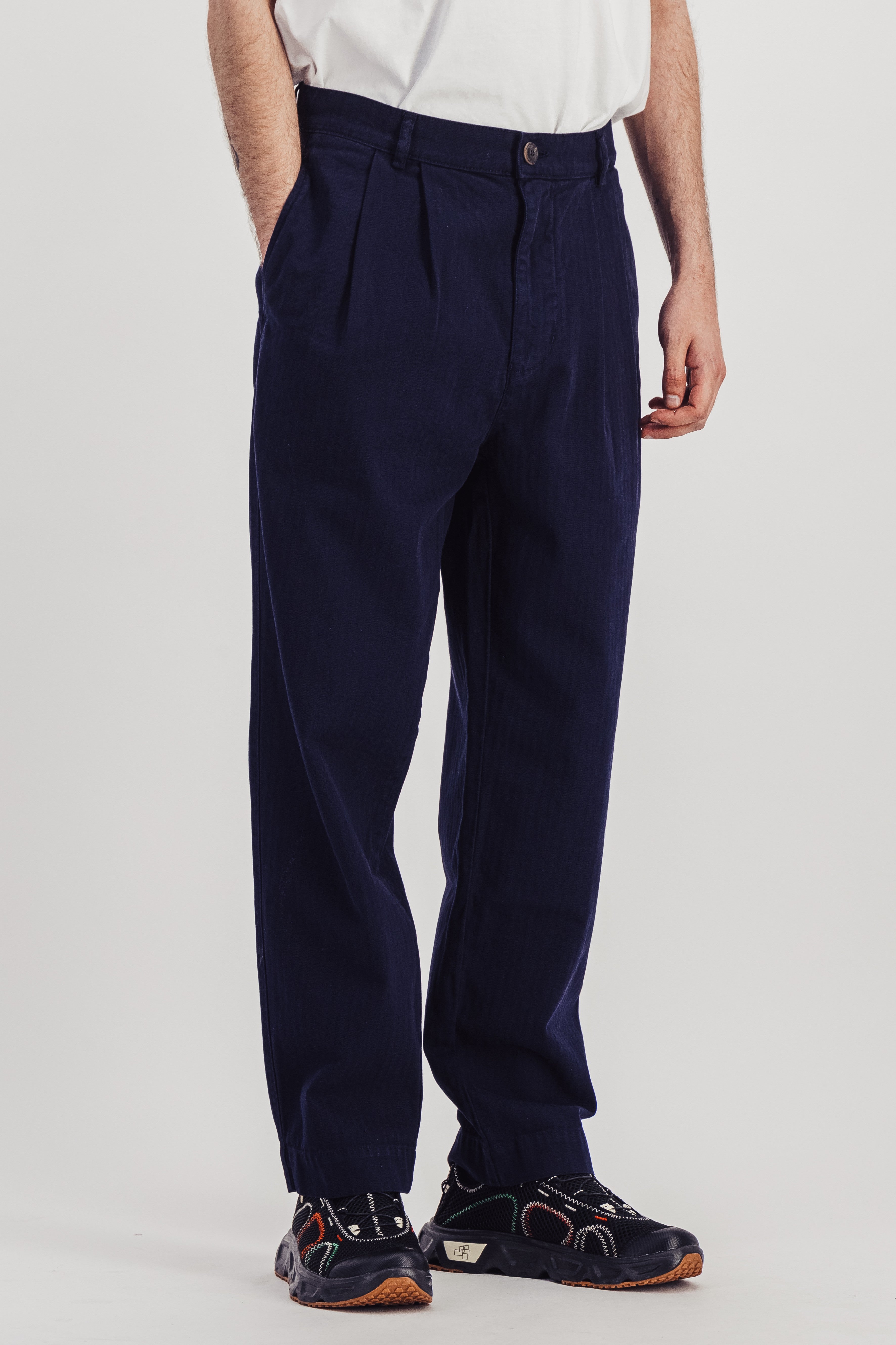 Pantalon Double Pleats Herringbone marine