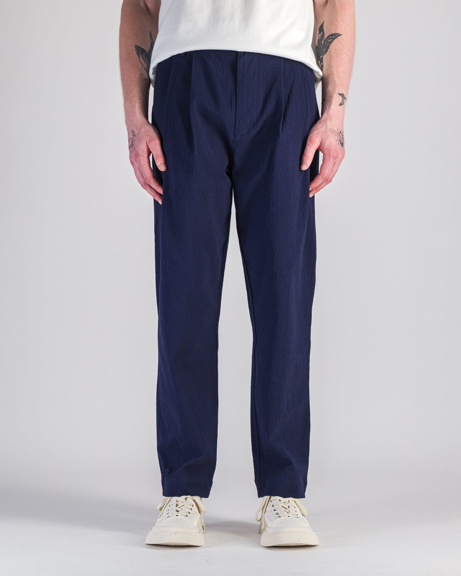 Pantalon Double Pleats Seersucker marine