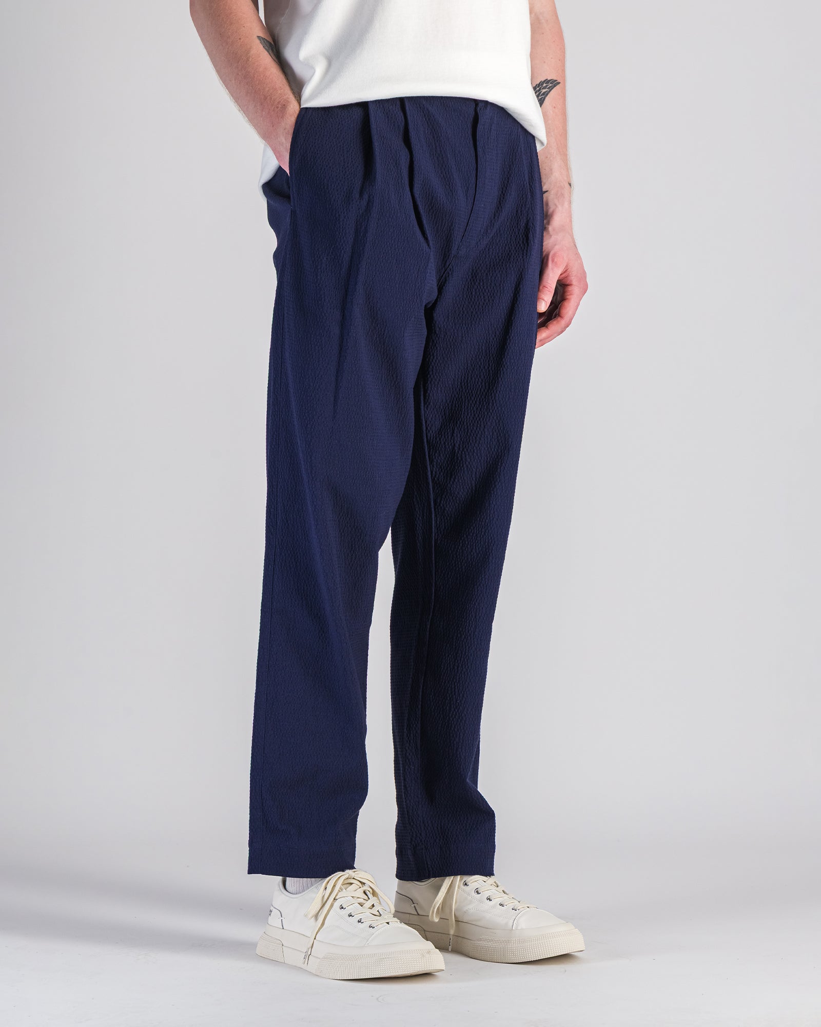 Pantalon Double Pleats Seersucker marine