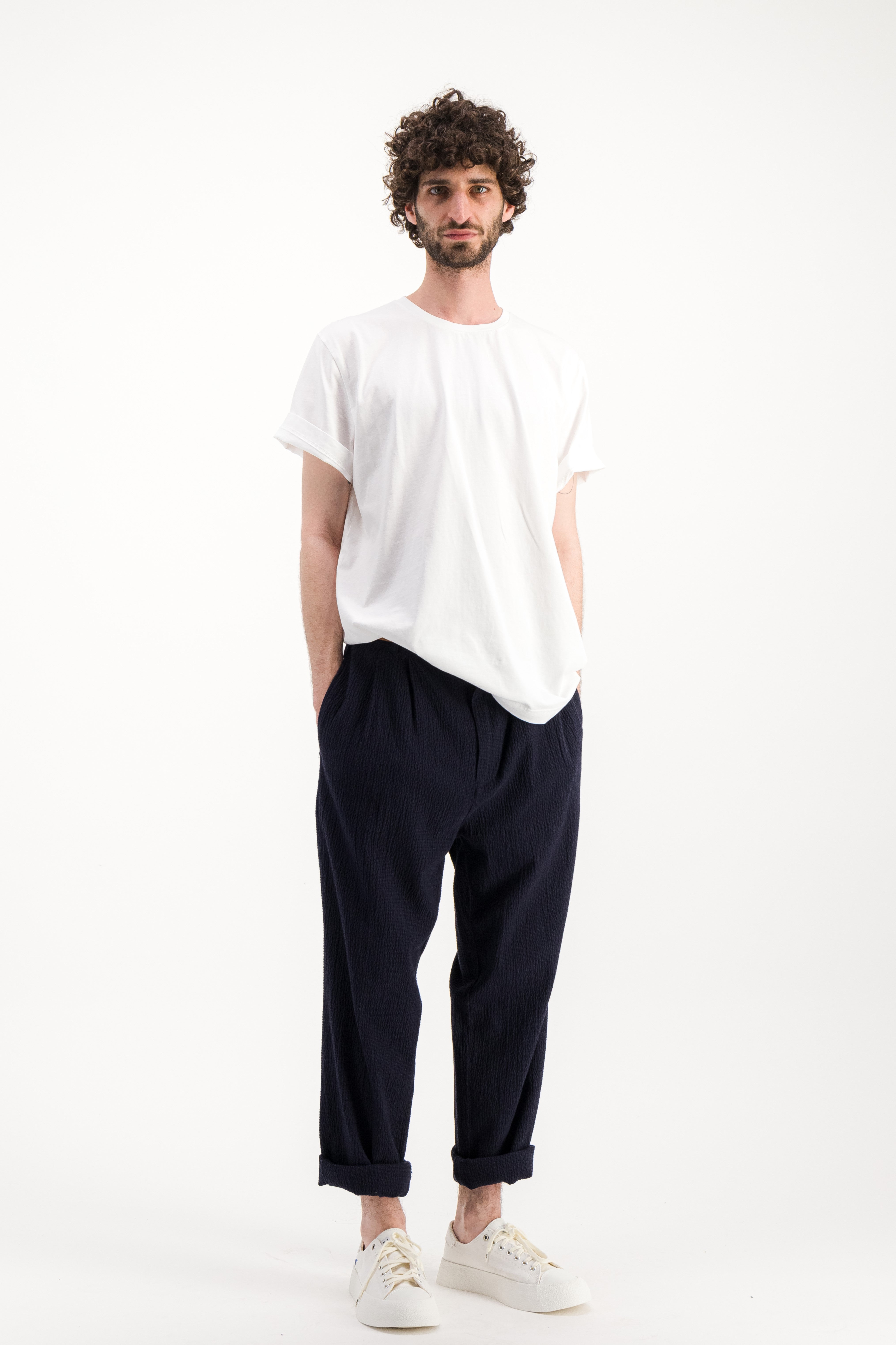 Pantalon Double Pleats Seersucker marine